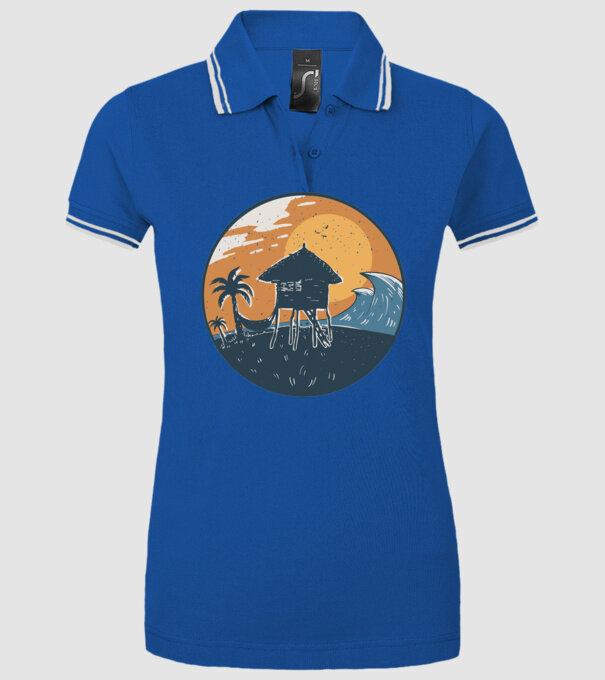 Bungalou pe plajă model albastru regal pe tricou