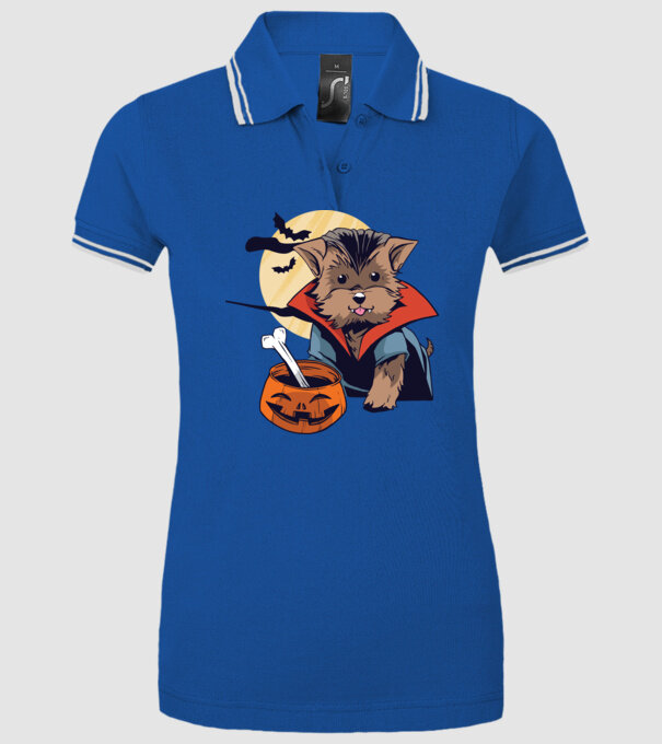 Vampir Yorkie Halloween model albastru regal pe tricou