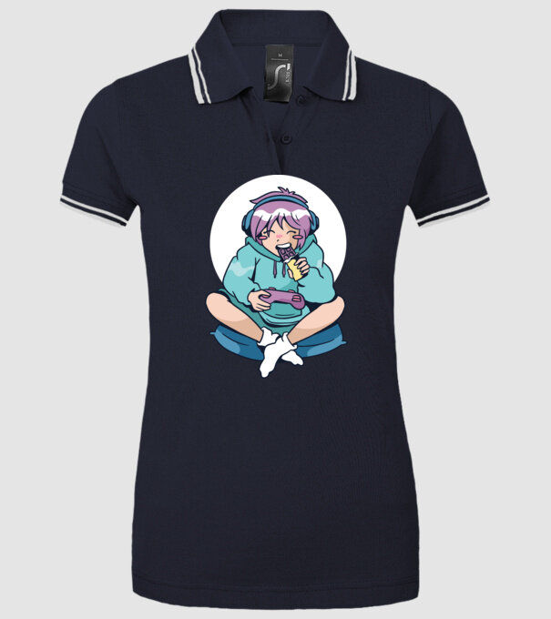 Anime Gamer Fată cu ciocolată model albastru închis pe tricou