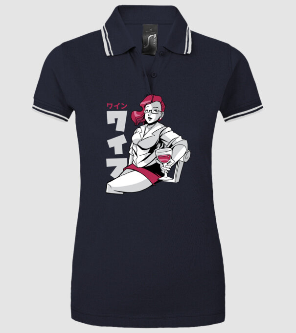 Anime fată cu vin model albastru închis pe tricou