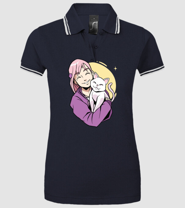 Anime fată cu pisică model albastru închis pe tricou