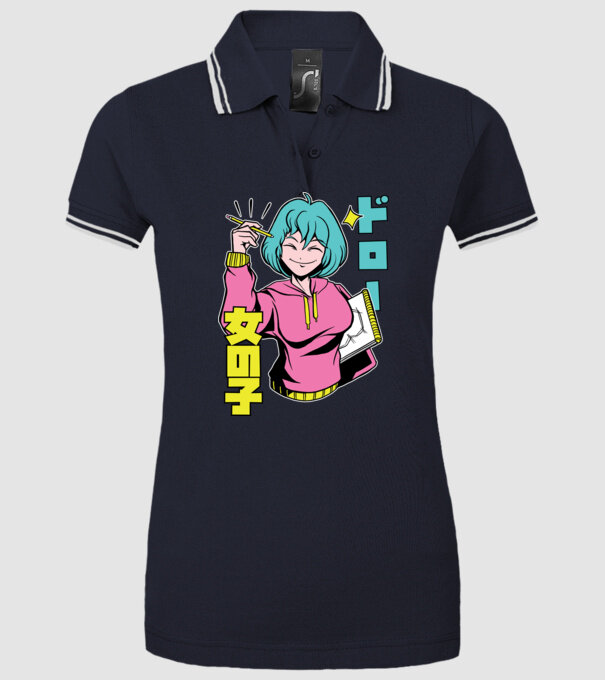 Anime fată desenând model albastru închis pe tricou