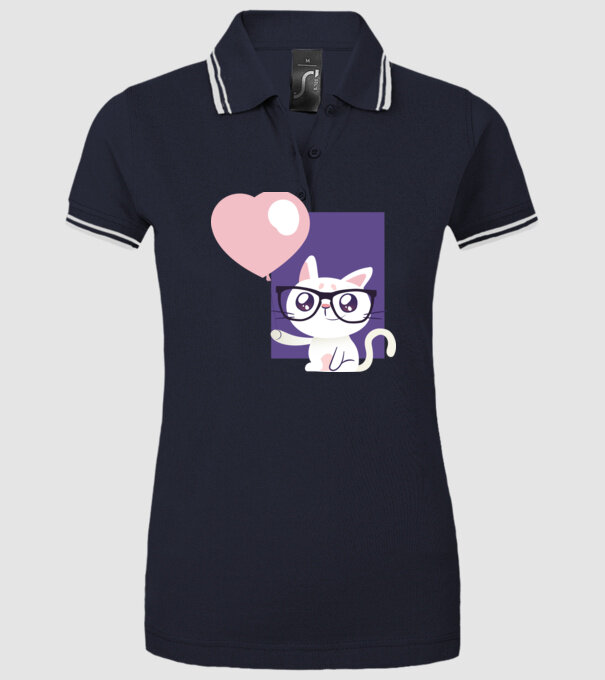 Inimă Pisică cu balon model albastru închis pe tricou