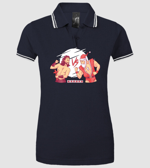 Isus vs Moș Crăciun Street Fighter tricou amuzant Crăciun model albastru închis pe tricou