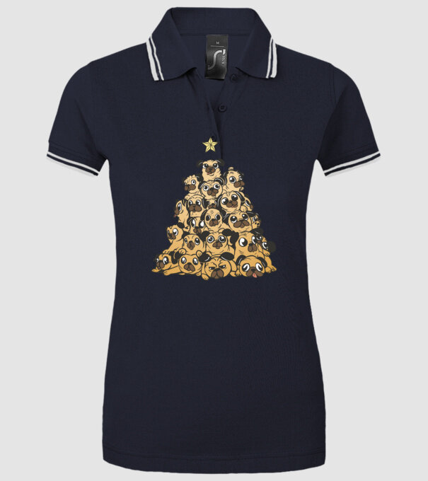 pom de Crăciun cu cățel (mops) model albastru închis pe tricou