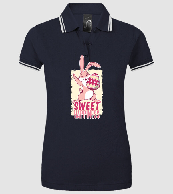 Sweet Happiness pentru Paște tricou cu iepuraș model albastru închis pe tricou