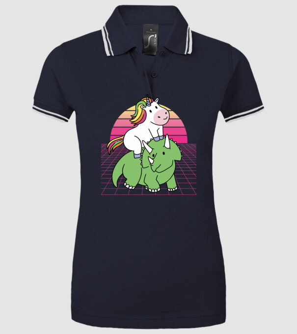 Unicorn pe dinozaur retro model albastru închis pe tricou