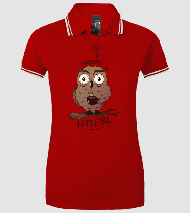 Powered by Caffeine - Tricou cu bufniță și energie de cafeină model roșu pe tricou