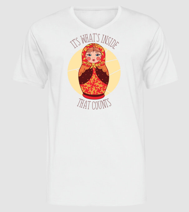 Interiorul contează - păpușă Mamushka model alb pe tricou