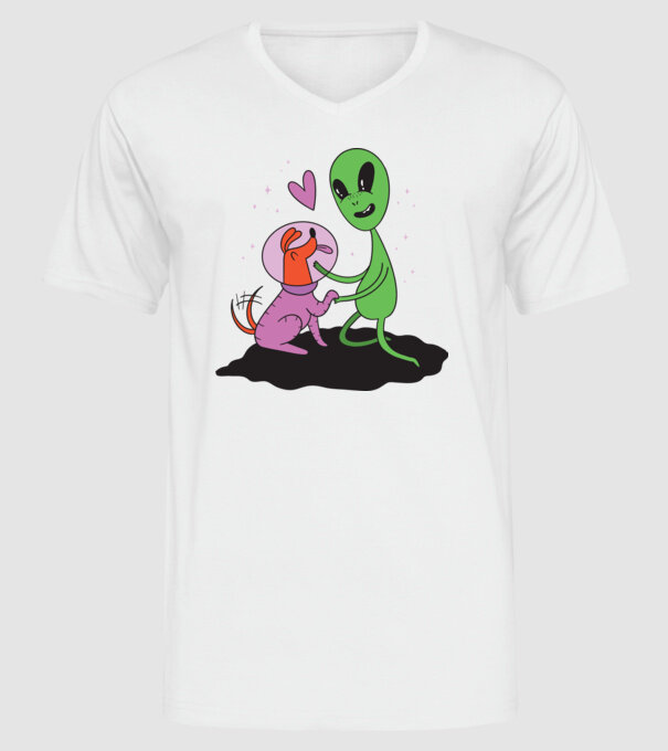 Alien cu câine model alb pe tricou