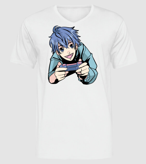 Anime băiat Gamer model alb pe tricou