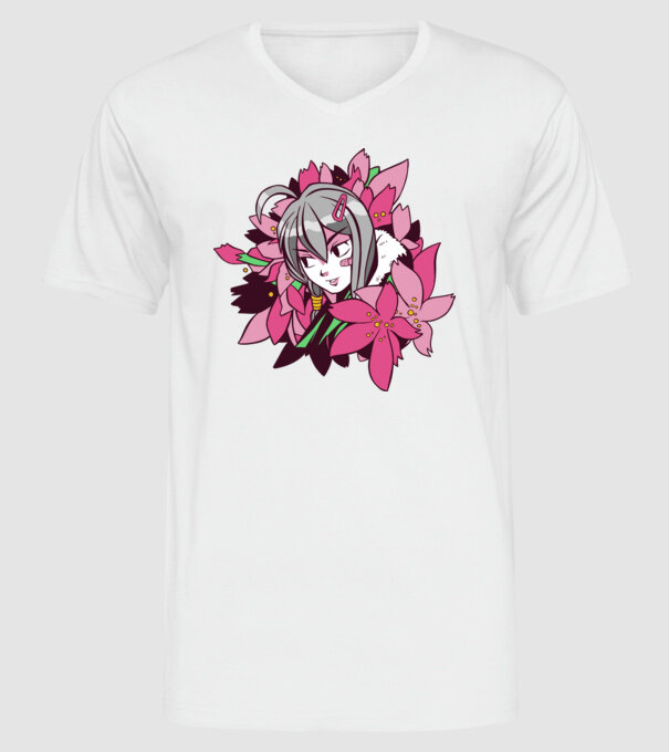 Anime fată printre flori model alb pe tricou