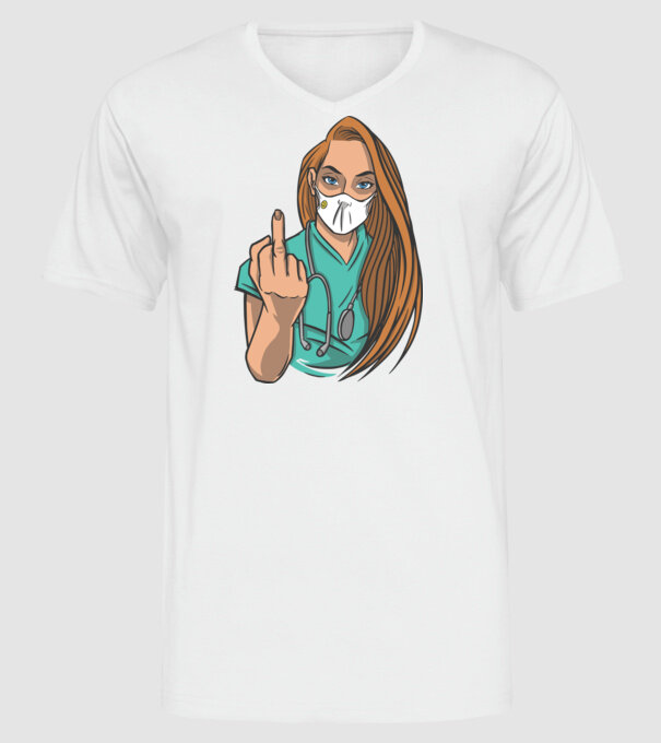 Asistentă medicală arată degetul model alb pe tricou