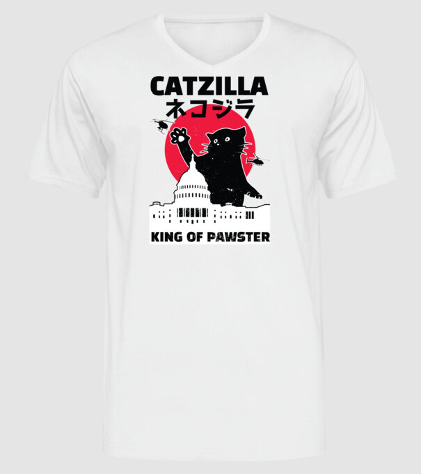 Catzilla - Pisică Godzilla model alb pe tricou