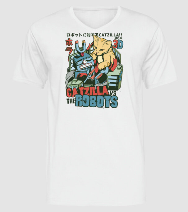 Catzilla Vs Robots model alb pe tricou
