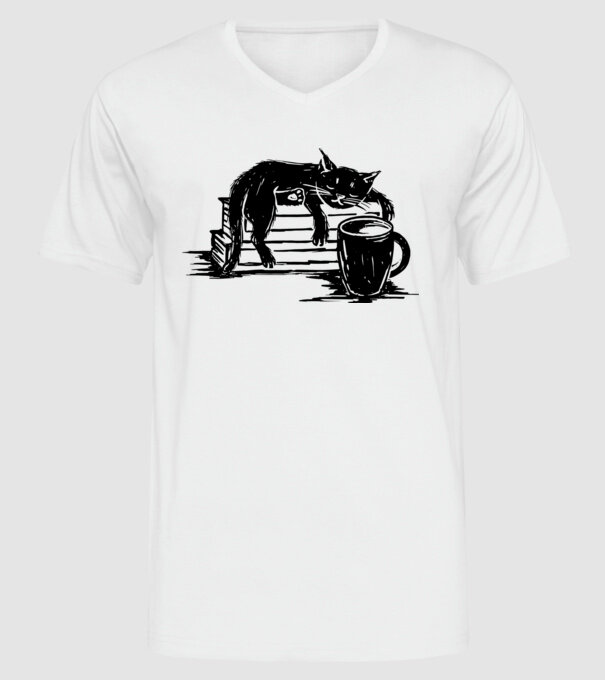 Pisică și cafea model alb pe tricou