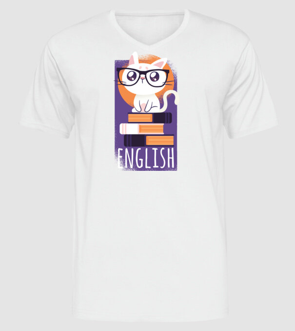 Pisică cu cărți model alb pe tricou