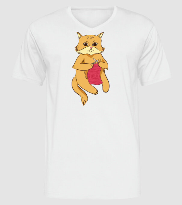 Pisică croșetând model alb pe tricou