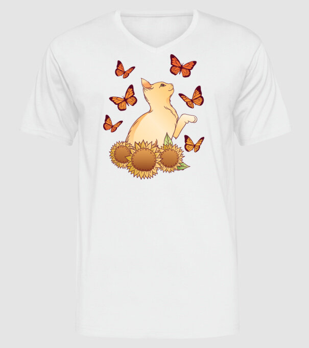 Pisică cu fluturi model alb pe tricou