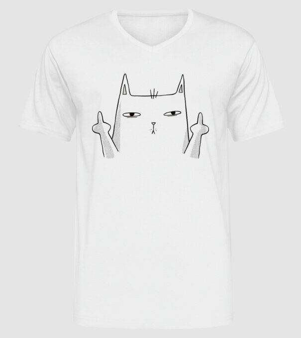Pisică desen arată degetul model alb pe tricou