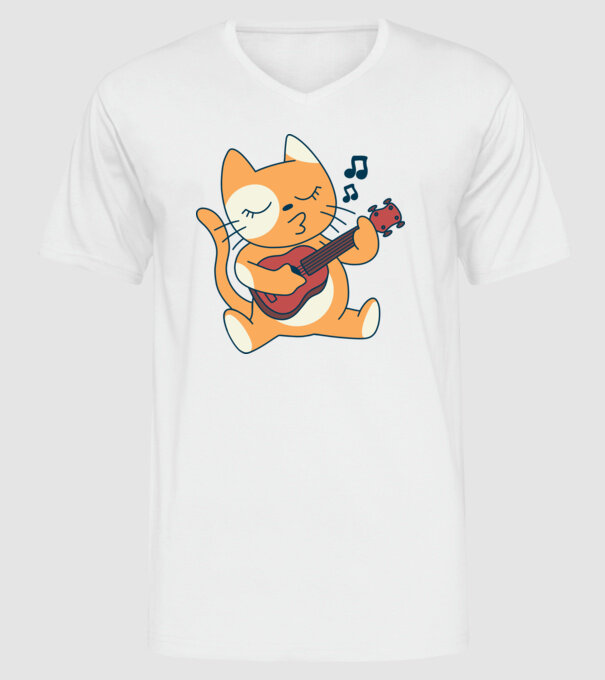 Pisică chitară Ukulele model alb pe tricou