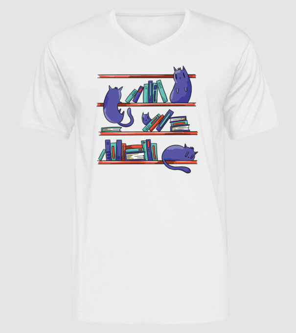 Pisici pe raftul de cărți model alb pe tricou