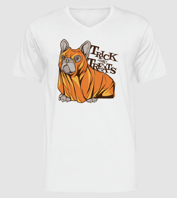 Trick or Treat Mops Halloween model alb pe tricou