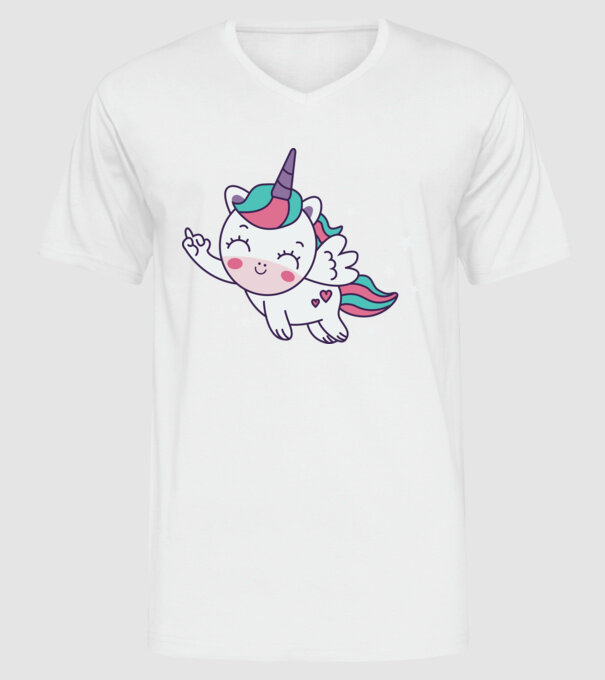 Unicorn drăguț arată degetul model alb pe tricou