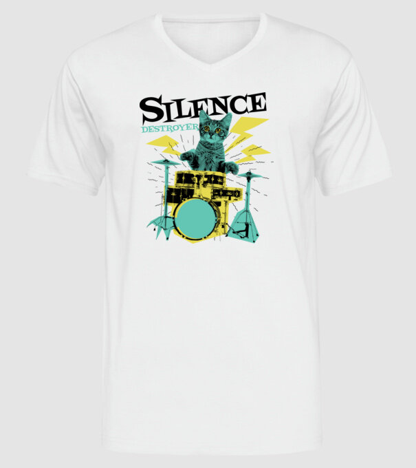 Pisică Baterist - Silence Destroyer model alb pe tricou