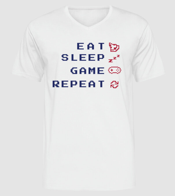 Eat Sleep Game Repeat model alb pe tricou