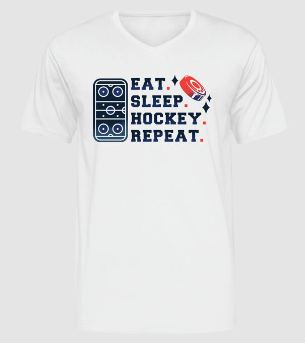 Eat Sleep Hockey Repeat model alb pe tricou