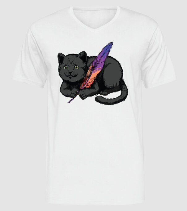 Pisicuță neagră cu pene model alb pe tricou