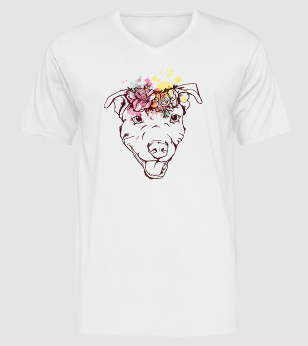 Floral Pitbull model alb pe tricou