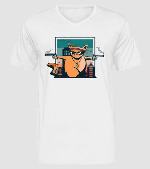 Pisică Gangster model alb pe tricou