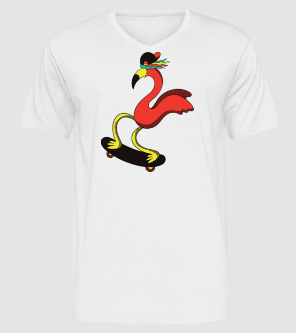 Flamingo Skateboarder model alb pe tricou
