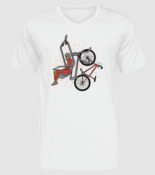 Biciclist montain bike pe teleferic model alb pe tricou
