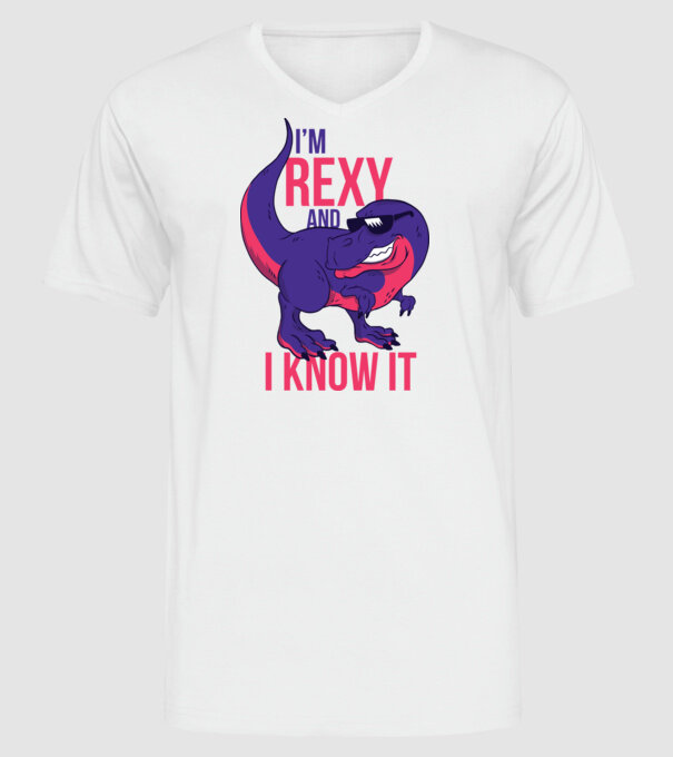 'I''m Rexy and I know it - tricou dinozaur amuzant' model alb pe tricou