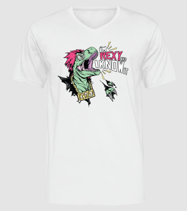 'I''m Rexy and I know it - tricou dinozaur amuzant' model alb pe tricou