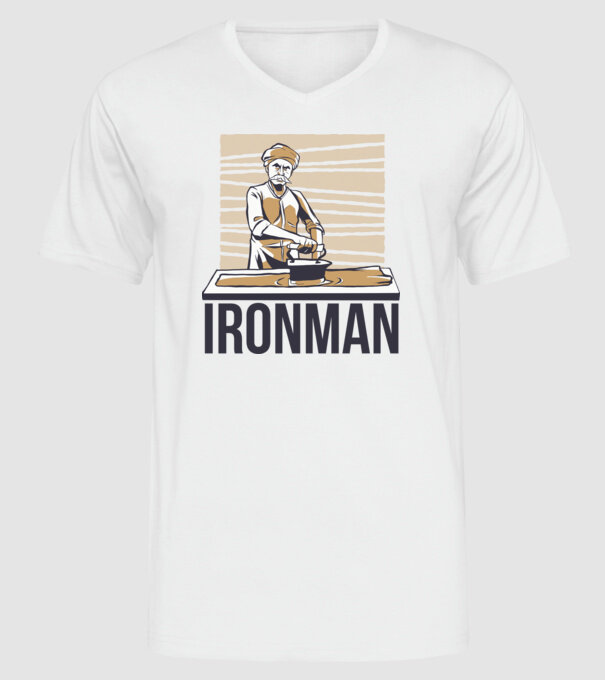 Ironman Om care calcă (montează metal) model alb pe tricou
