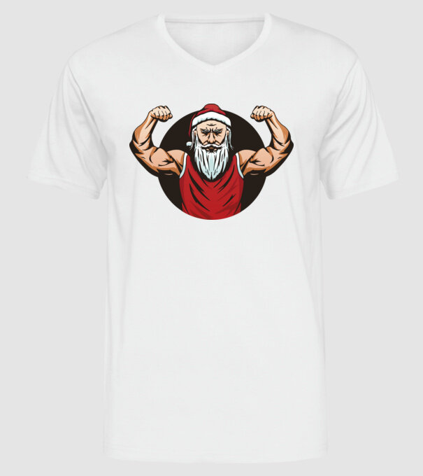 Moș Crăciun musculos model alb pe tricou