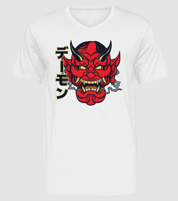 Mască demon chinez model alb pe tricou