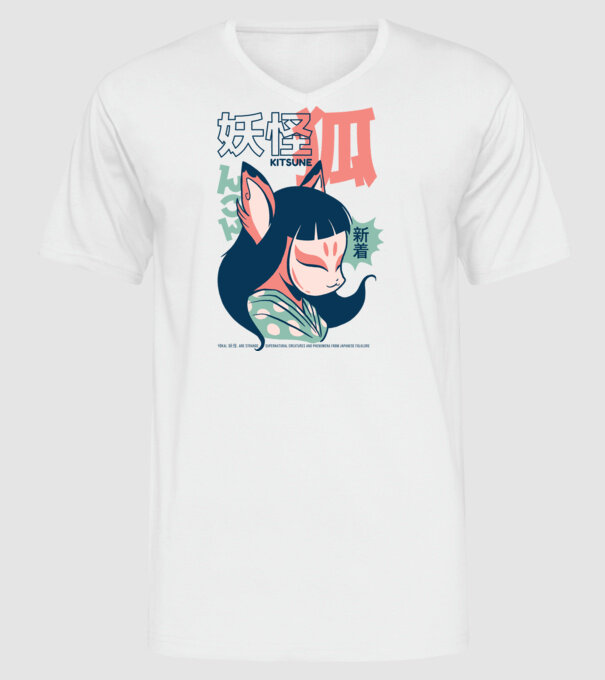 Kitsune Yokai Anime model alb pe tricou