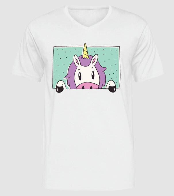 Unicorn curios model alb pe tricou