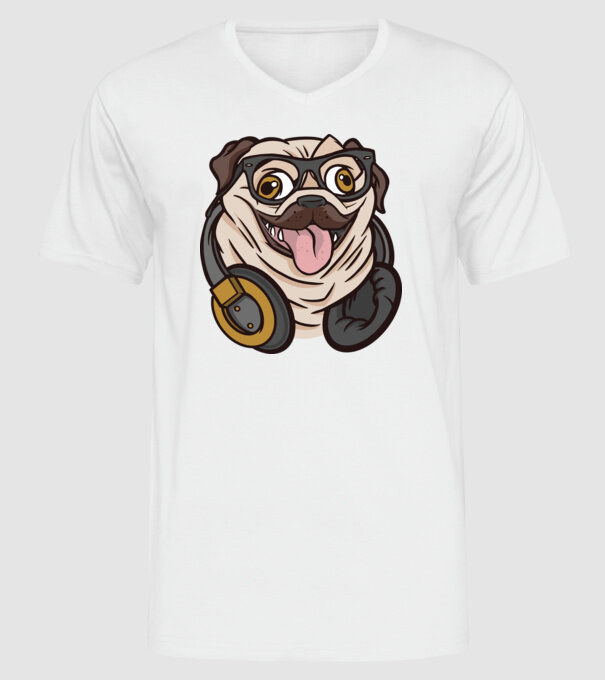 Mops cu căști model alb pe tricou