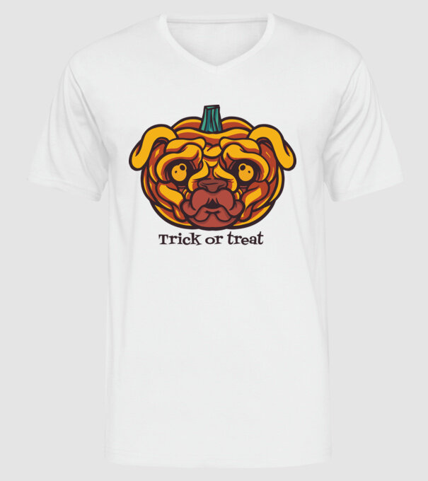 Mops cap de dovleac Halloween model alb pe tricou