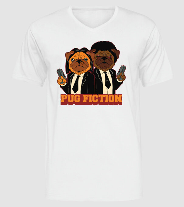Pug Fiction Pugs Mops Pulp Fiction parodie model alb pe tricou