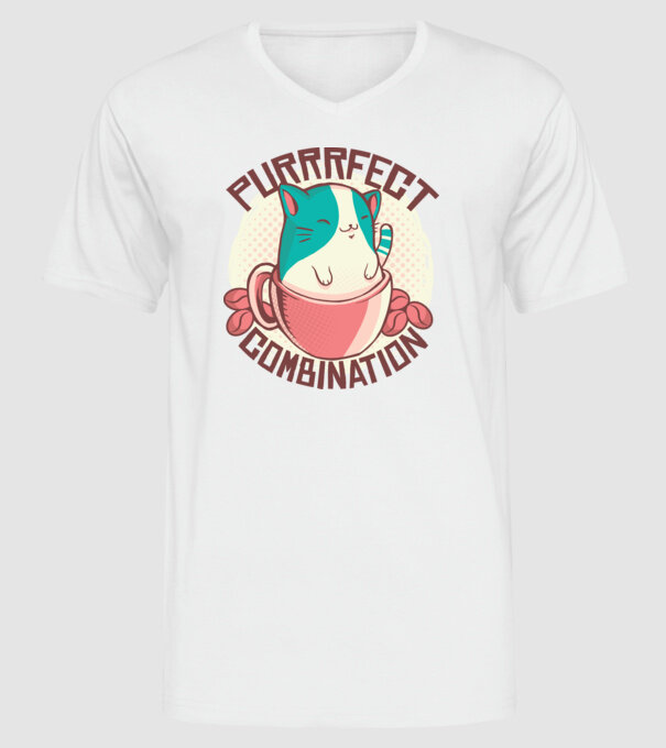 Purrrfect Combination Cafea cu pisică model alb pe tricou