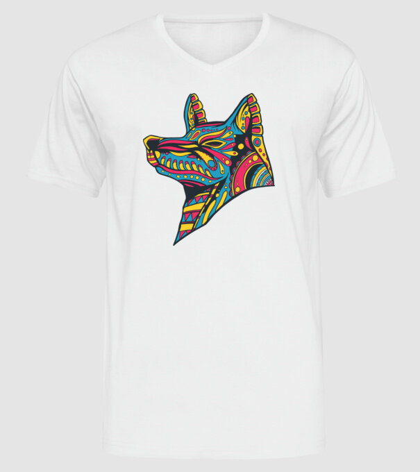 Cap de lup colorat model alb pe tricou