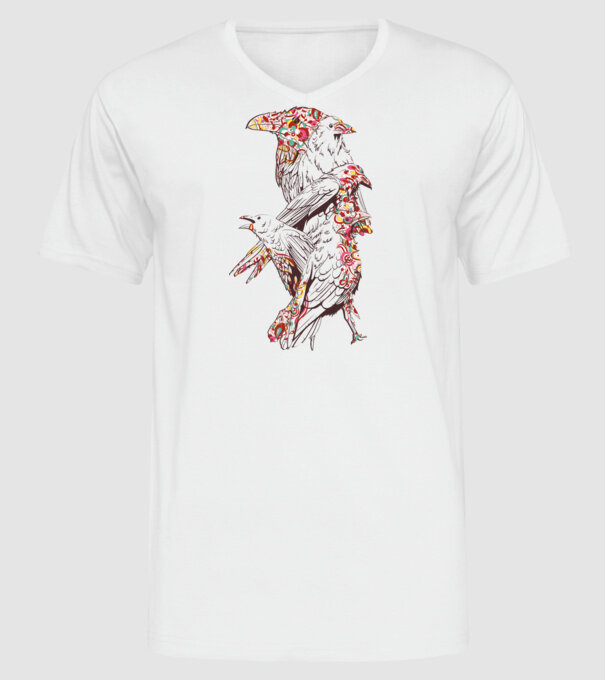Păsări colorate model alb pe tricou