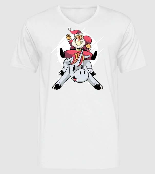Moș Crăciun pe unicorn model alb pe tricou